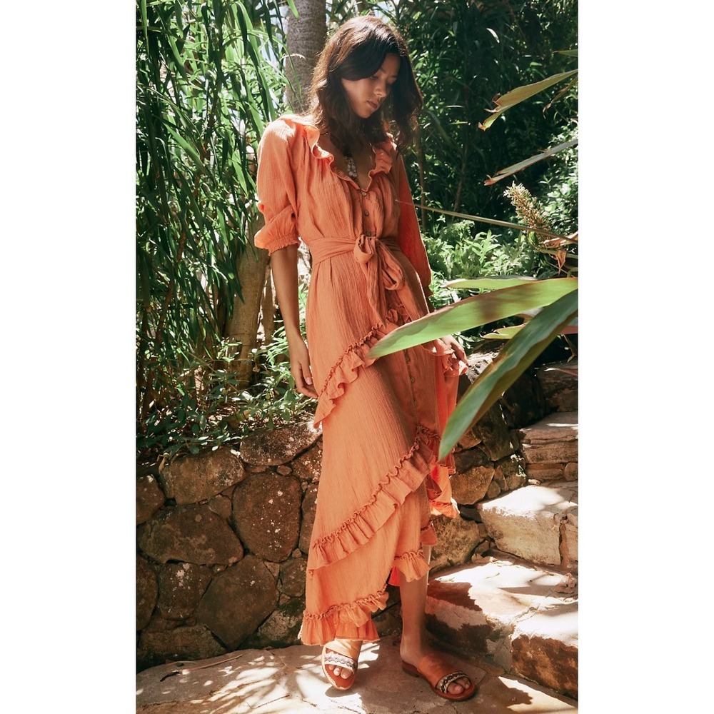 Free People Oh So Romantic Maxi Dress Womens Large Orange Ruffle Boho Cottage